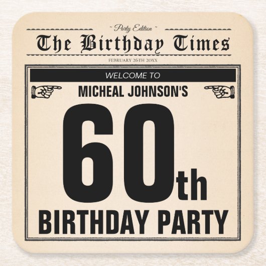 おもしろい第60誕生日ヴィンテージ新聞ユニークカスタム スクエアペーパーコースター (正面)