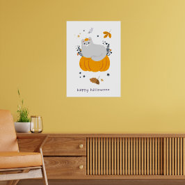 おもしろい箒、カボチャ、幽霊の猫 ポスター