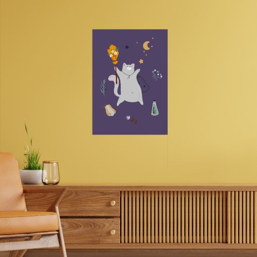 おもしろい箒、カボチャ、幽霊の猫 ポスター (リビング2)