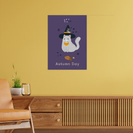 おもしろい箒、カボチャ、幽霊の猫 ポスター