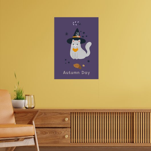 おもしろい箒、カボチャ、幽霊の猫 ポスター (リビング2)