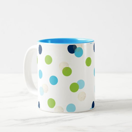 おもしろい紙吹雪スポットかわいいおもしろいレトロアクアネイビーライム ツートーンマグカップ (正面左)