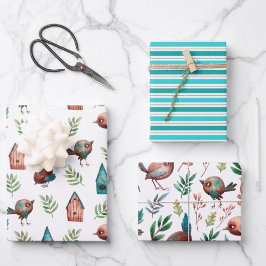おもしろい素朴かわいい小さな鳥の家ストライプ々 ラッピングペーパーシート (正面)