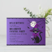 おもしろい紫ブラックキャットウィッチハットムーンハロウィン 招待状 (スタンド正面)