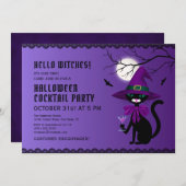 おもしろい紫ブラックキャットウィッチハットムーンハロウィン 招待状 (正面/裏面)