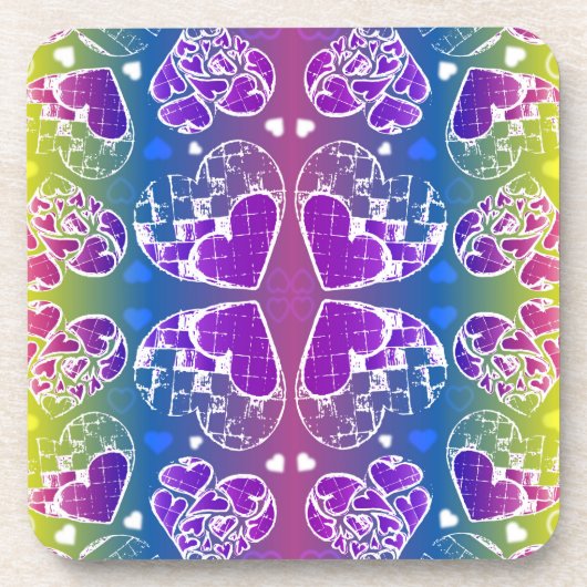おもしろい紫、青、黄色のお洒落ハート コースター (正面)