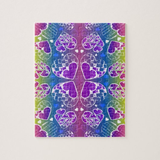 おもしろい紫、青、黄色のお洒落ハート ジグソーパズル (縦)