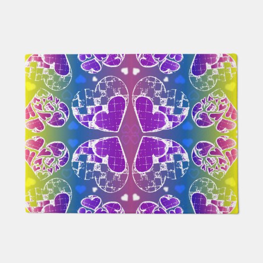 おもしろい紫、青、黄色のお洒落ハート ドアマット (正面)