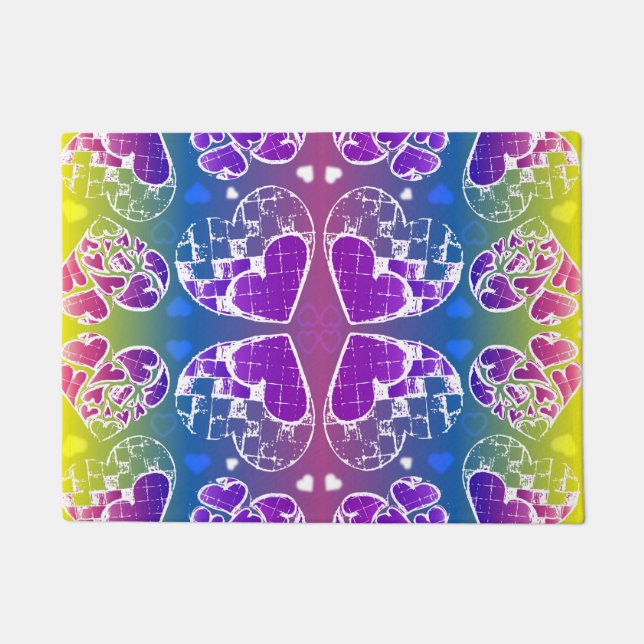 おもしろい紫、青、黄色のお洒落ハート ドアマット (正面)