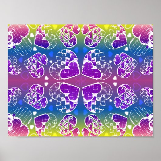 おもしろい紫、青、黄色のお洒落ハート ポスター (正面)