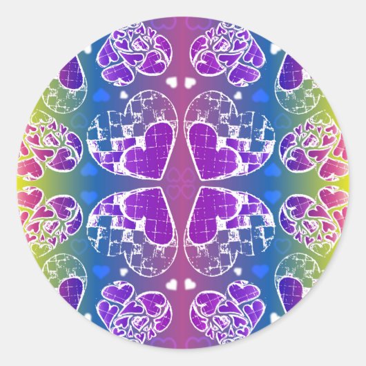 おもしろい紫、青、黄色のお洒落ハート ラウンドシール (正面)