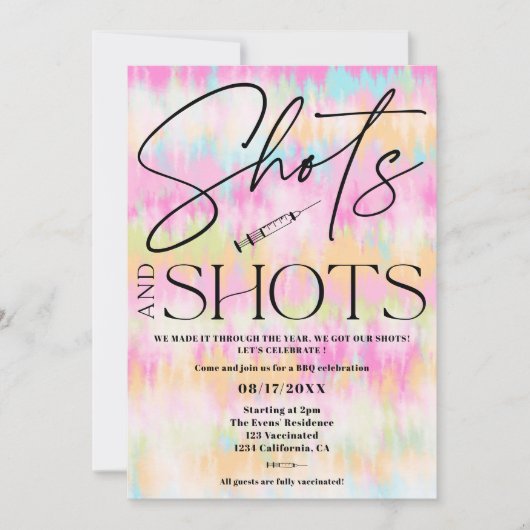 おもしろい絞り染めショット接種お祝い 招待状 (正面)