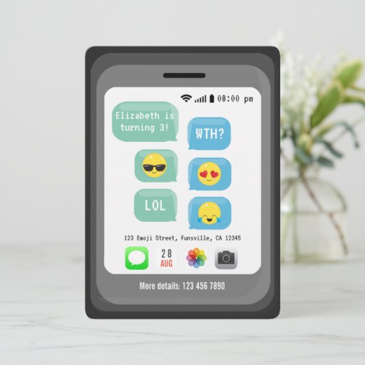 おもしろい絵文字文字メッセージ子供の誕生日パーティー 招待状 (スタンド正面)