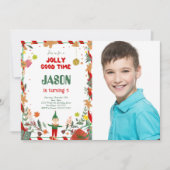 おもしろい緑と赤のエルフの誕生日パーティーの写真 招待状 (正面)