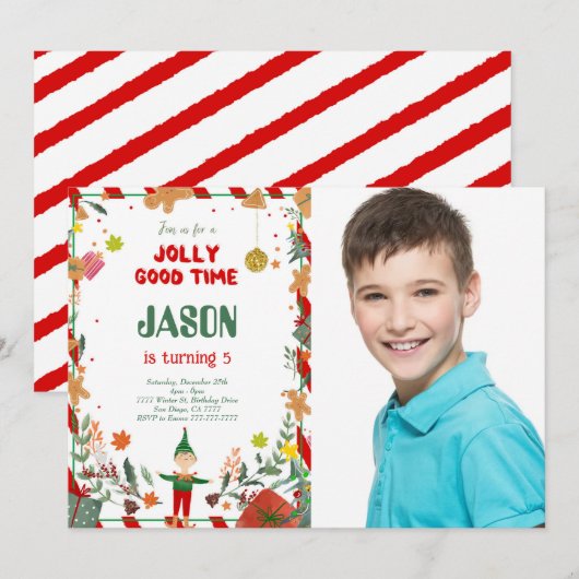 おもしろい緑と赤のエルフの誕生日パーティーの写真 招待状 (正面/裏面)