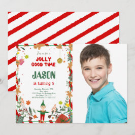 おもしろい緑と赤のエルフの誕生日パーティーの写真 招待状