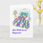 おもしろい緑のカエル,甥に早くよくなる カード (黄色い花)