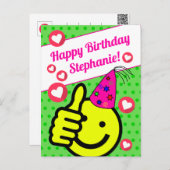 おもしろい緑のスマイル顔 あなたの名前 誕生日おめでとう ポストカード (正面/裏面)