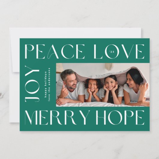 おもしろい緑の白メリー文字JOY PEACE LOVE写真 シーズンカード (正面)