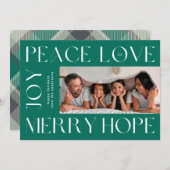 おもしろい緑の白メリー文字JOY PEACE LOVE写真 シーズンカード (正面/裏面)