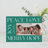 おもしろい緑の白メリー文字JOY PEACE LOVE写真 シーズンカード (スタンド正面)