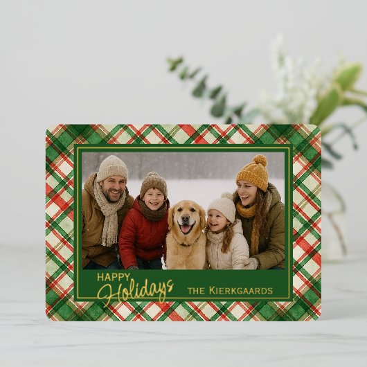 おもしろい緑赤格子水彩絵柄と金ゴールド 箔シーズンカード (立ち正面)