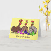 おもしろい編み物チキンイラストレーション カード (黄色い花)