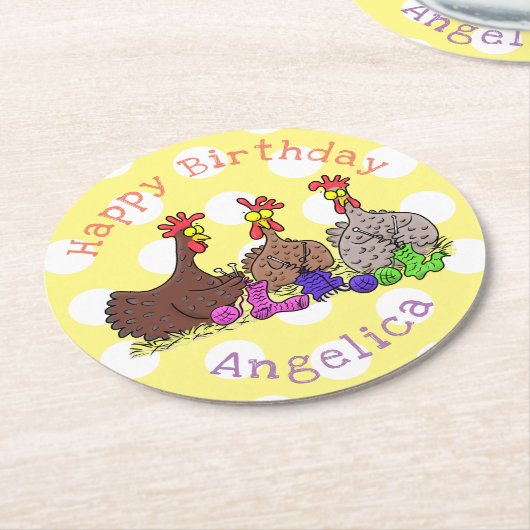 おもしろい編み物チキンイラストレーション ラウンドペーパーコースター (アングル)
