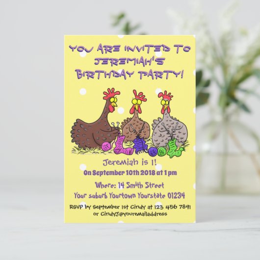 おもしろい編み物チキンイラストレーション 招待状 (スタンド正面)