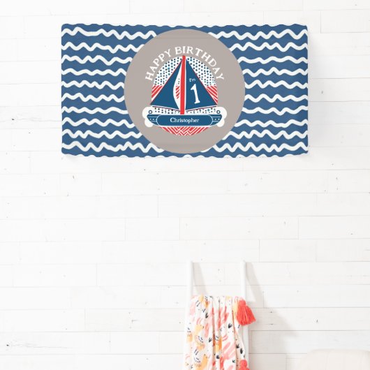 おもしろい航海のハッピーファースト誕生日セーリングボートパーティー 横断幕 (インサイチュ)