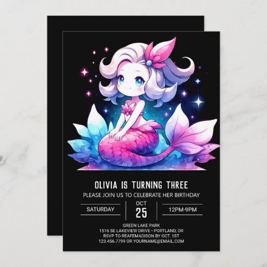 おもしろい航海のマーメイド誕生日 招待状 (正面/裏面)