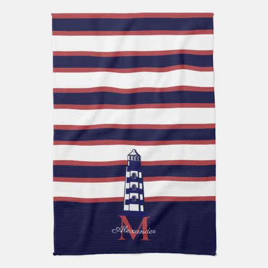 おもしろい航海のレッドホワイトネイビーブルーストライプライトハウス キッチンタオル (縦)