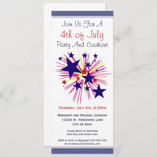 おもしろい花火と星が7月4日の白パーティー 招待状 (正面/裏面)