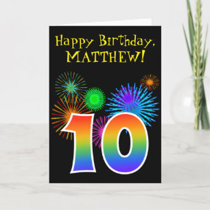 おもしろい花火+レインボーパターン「10」誕生日番号 カード