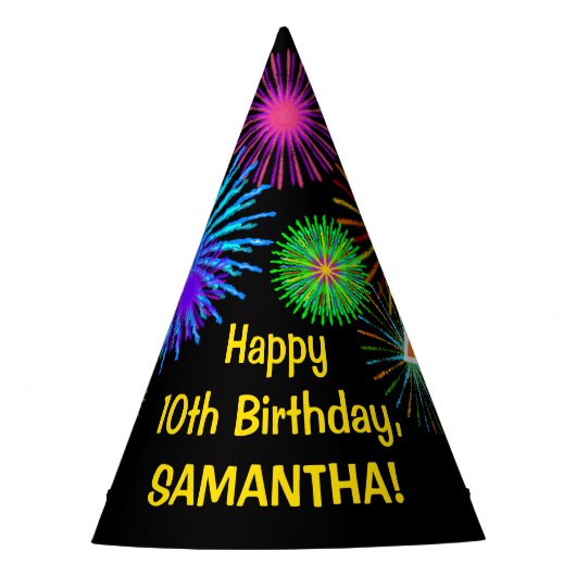 おもしろい花火+レインボーパターン「10」誕生日番号 パーティーハット (正面)