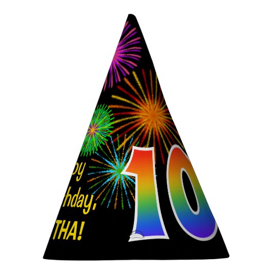 おもしろい花火+レインボーパターン「10」誕生日番号 パーティーハット (右)