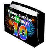 おもしろい花火+レインボーパターン「10」誕生日番号 ラージペーパーバッグ (裏面アングル)