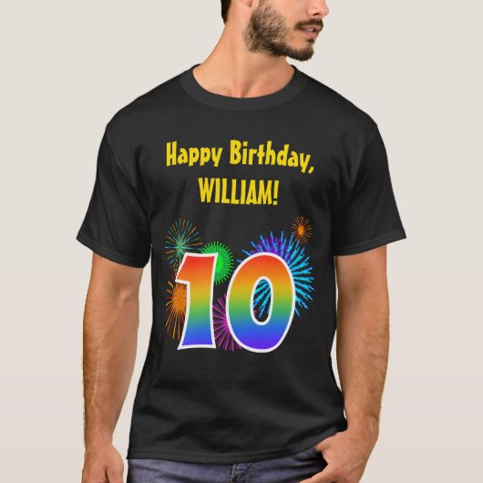 おもしろい花火+レインボーパターン「10」誕生日番号 Tシャツ (正面)