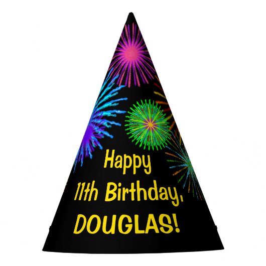 おもしろい花火+レインボーパターン「11」誕生日番号 パーティーハット (正面)