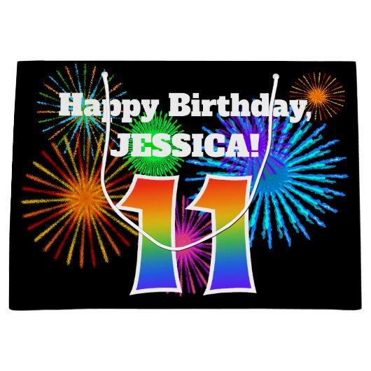 おもしろい花火+レインボーパターン「11」誕生日番号 ラージペーパーバッグ (正面)