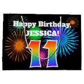 おもしろい花火+レインボーパターン「11」誕生日番号 ラージペーパーバッグ (裏面)