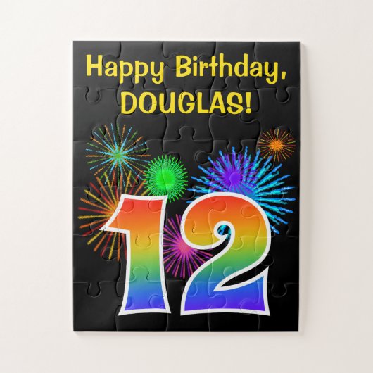 おもしろい花火+レインボーパターン「12」誕生日番号 ジグソーパズル (縦)