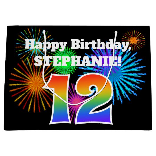 おもしろい花火+レインボーパターン「12」誕生日番号 ラージペーパーバッグ (正面)