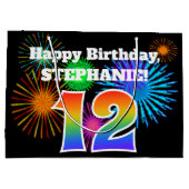 おもしろい花火+レインボーパターン「12」誕生日番号 ラージペーパーバッグ (裏面)