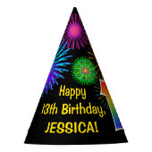 おもしろい花火+レインボーパターン「13」誕生日番号 パーティーハット (正面)