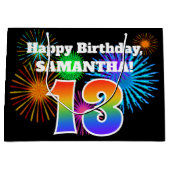 おもしろい花火+レインボーパターン「13」誕生日番号 ラージペーパーバッグ (正面)