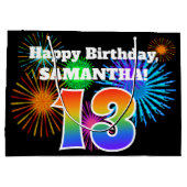 おもしろい花火+レインボーパターン「13」誕生日番号 ラージペーパーバッグ (裏面)