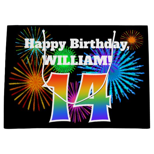 おもしろい花火+レインボーパターン「14」誕生日番号 ラージペーパーバッグ (正面)