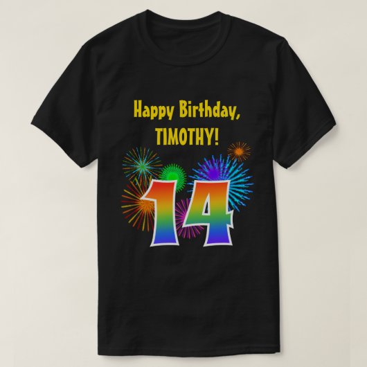 おもしろい花火+レインボーパターン「14」誕生日番号 Tシャツ (デザイン正面)