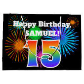 おもしろい花火+レインボーパターン「15」誕生日番号 ラージペーパーバッグ (裏面)